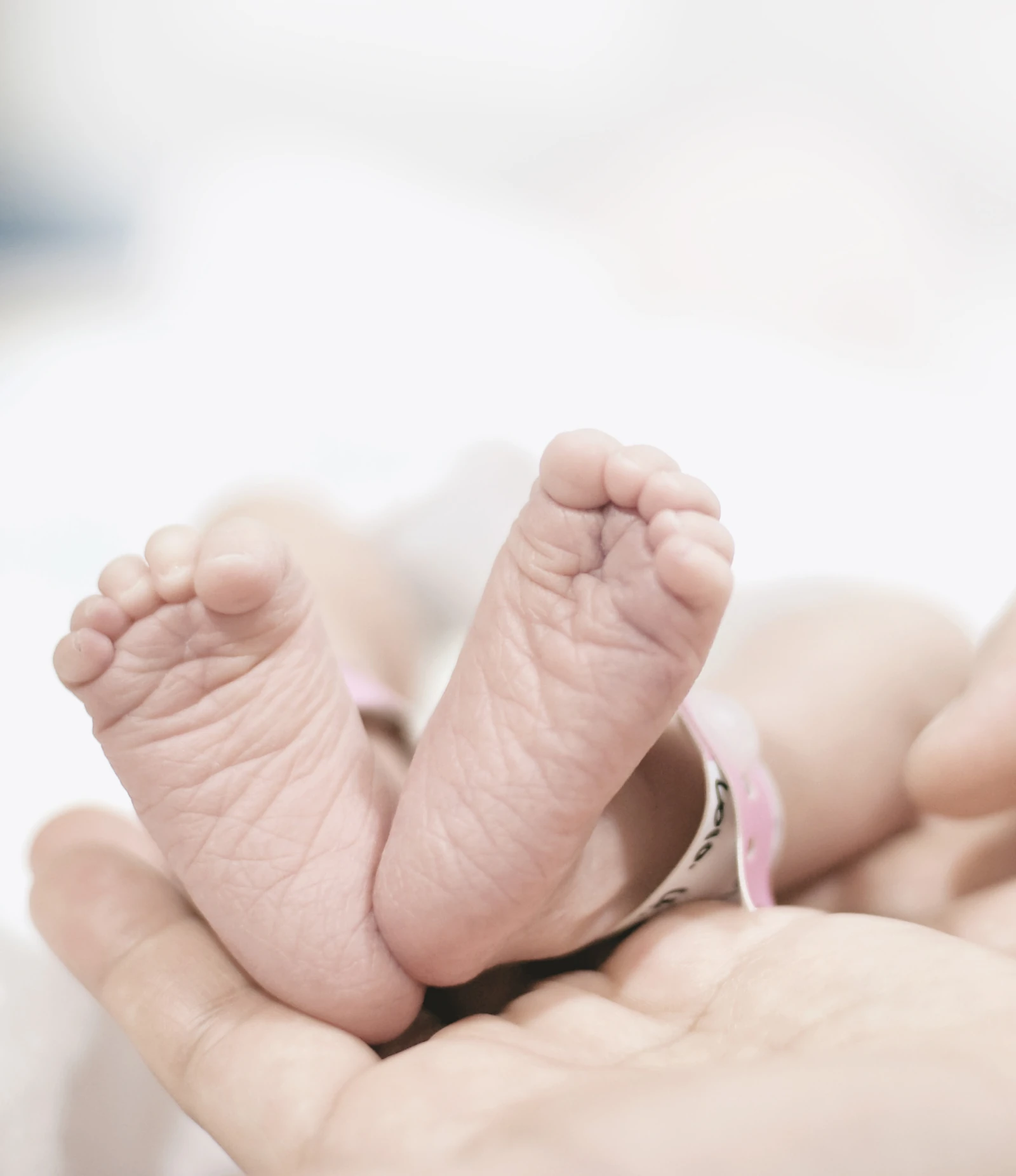 Babyfüsse in den Händen eines Erwachsenen