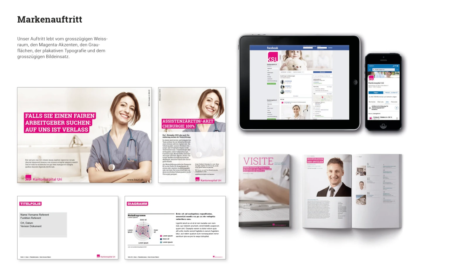 Markenauftritt des Kantonsspitals Uri in digitalen und gedruckten Medien